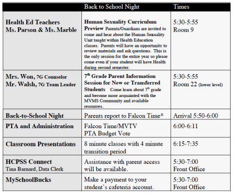 Back-to-School Night Schedule