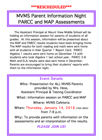 MVMS Parent Assessment Information Night will be Jan. 14th at 7PM
